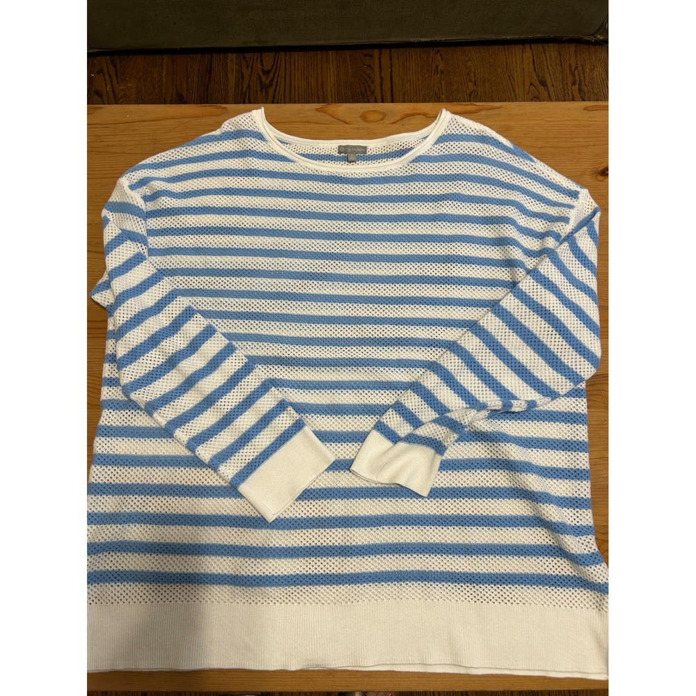 T by Talbots Womens XL Blue White Striped Open Knit Coastal Sweater Long Sleeve
